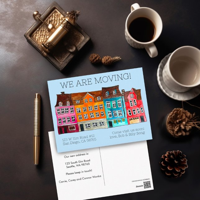 BEWEGUNGSANKÜNDIGUNG - Farbige Häuser Wasserfarbe Postkarte (Colorful Watercolor painting of houses on custom moving announcement postcard. Add your own text!)