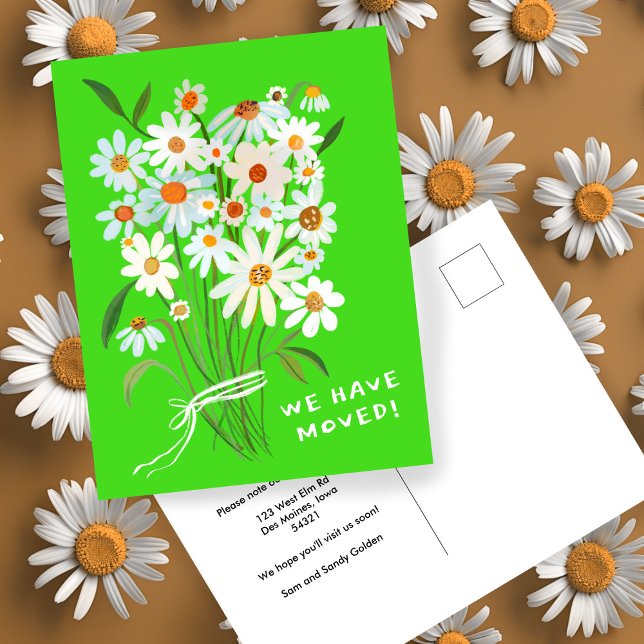 BEWEGUNGSANKÜNDIGUNG Niedliche Daisy Bouquet handb Postkarte (MOVING ANNOUNCEMENT Cute Daisy Bouquet Handpainted Lime Neon Postcard
)