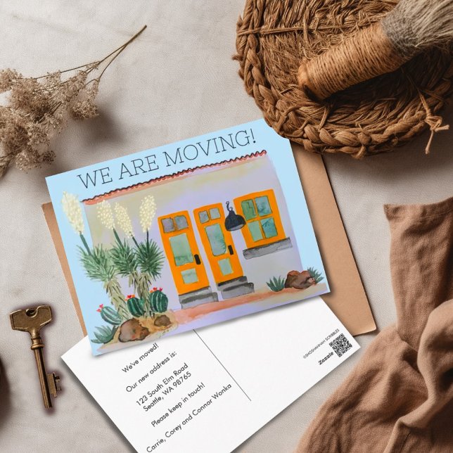 BEWEGUNGSANKÜNDIGUNG Niedlicher Adobe-House-Aquare Postkarte (Watercolor painting Arizona adobe house Moving announcement postcard -customize it!)