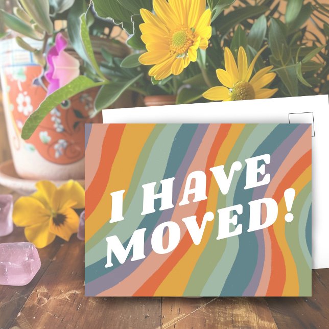 BEWEGUNGSANWEISUNG Streifen Retro-Rainbow Postkarte (MOVING ANNOUNCEMENT Change of Address Stripes Retro Muted Rainbow Custom Postcard
)