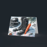 Beweis für die Weihnachtszeit des Schneemans Feiertagskarte<br><div class="desc">Diese skurrile Urlaubskarte zeigt Beweise für den Schneemann. Vielleicht war er in einem Schneesturm gefangen oder nur auf dem Weg zu einer Feier,  Diese Karte verfügt über seinen oberen Hut,  Stiefel und eine Karottennase. Ein kleiner Spaß für die Ferienzeit.</div>