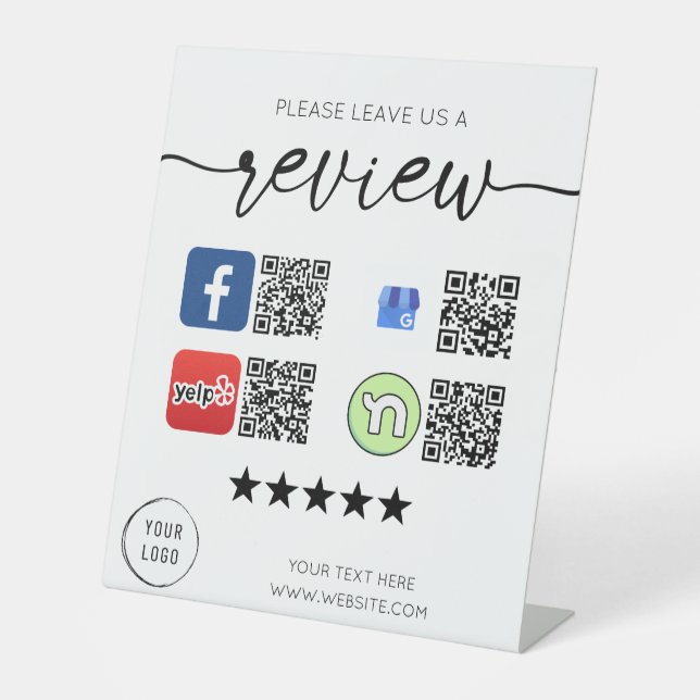 Bewerte uns 4 QR Codes Weiß Sockelschild (Vorderseite)
