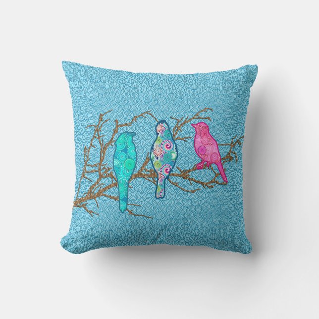 Bewerten Sie Vögel auf einer Zweigstelle, Sky Blue Kissen (Vorderseite)