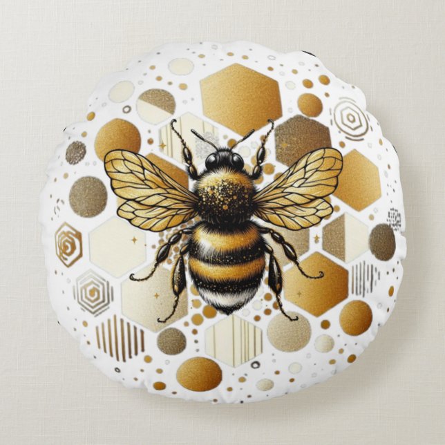Bewohnte Biene auf Honeycomb: Hexagons und Kreise Rundes Kissen (Vorderseite)
