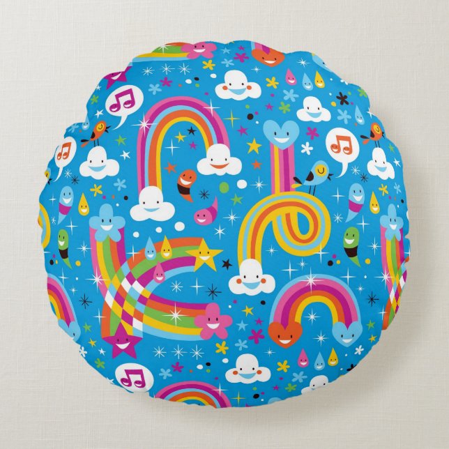 bewölkt Regenbogenregentropfen-Herzmuster Rundes Kissen (Vorderseite)