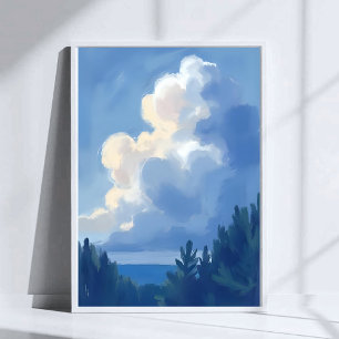 Bewölkter Himmel   Blaue Wald-Wasserfarbenmalerei Poster