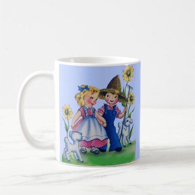 bewundernswerter Bauernjunge und Bauernmädchen der Kaffeetasse (Links)