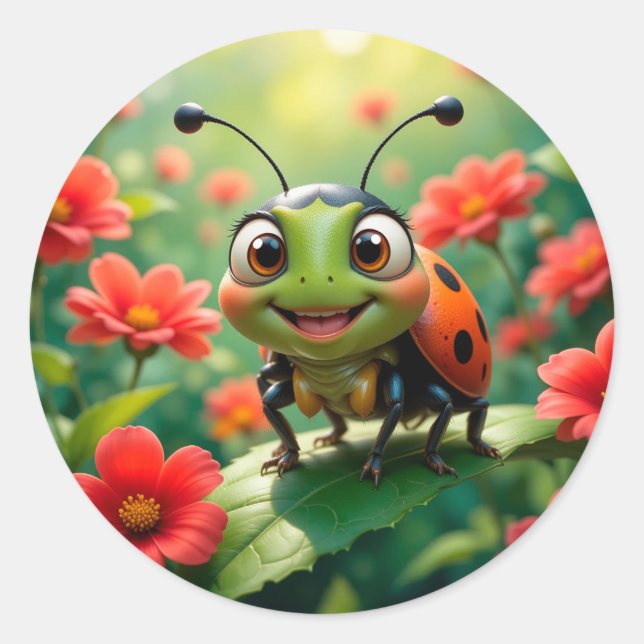 Bewundernswerter Cartoon Ladybug auf einem Blatt Runder Aufkleber (Vorderseite)