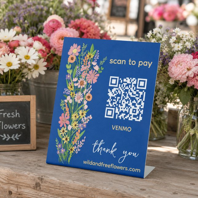 BEZAHLEN PER QR-Code Blumenhändler Handgemalte Blu Sockelschild (SCAN TO PAY QR Code Florist Handpainted Flowers Farmers Market Farmstand Pedestal Sign
)