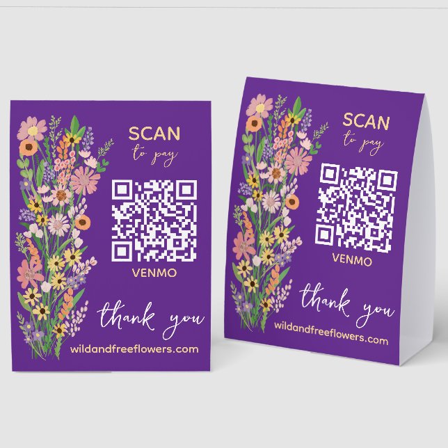 BEZAHLEN PER QR-Code Blumenhändler Handgemalte Blu Tischaufsteller (Vorder-/Rückseite)