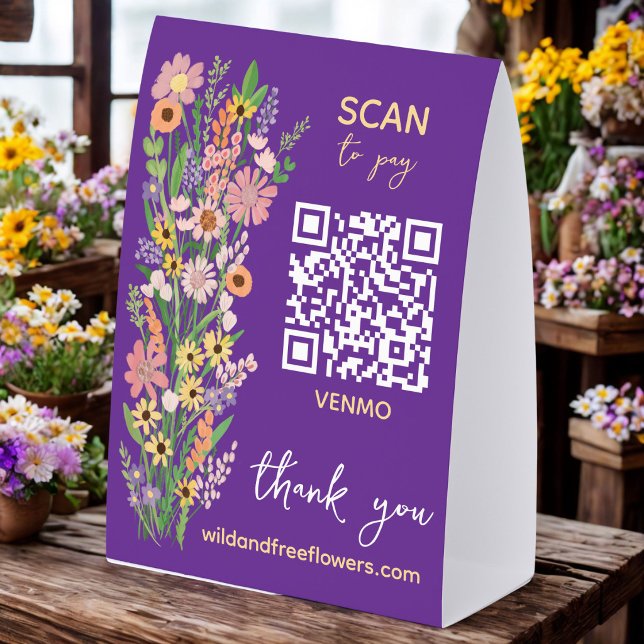 BEZAHLEN PER QR-Code Blumenhändler Handgemalte Blu Tischaufsteller (SCAN TO PAY QR Florist Handpainted Flowers Market Paper Table Tent
)