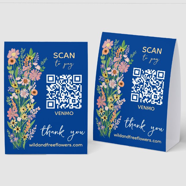 BEZAHLEN PER QR-Code Blumenhändler Handgemalte Blu Tischaufsteller (Vorder-/Rückseite)
