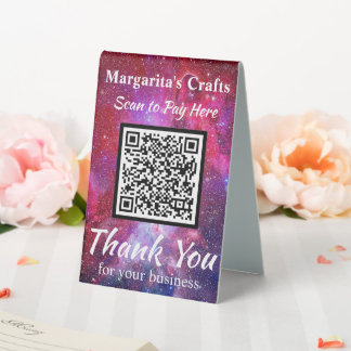 Bezahlen Sie hier QR Code Rosa Glitzer Galaxy Effe Tischaufsteller