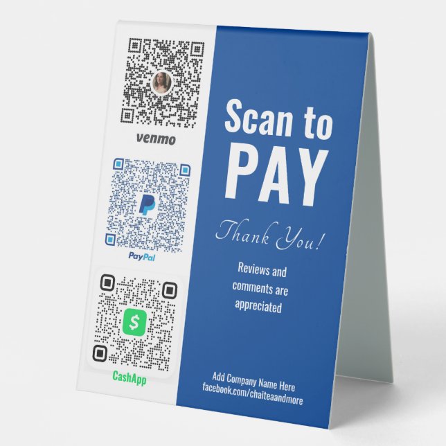 Bezahlen Sie hier Venmo PayPal Tischzeitszeichen Tischaufsteller (Vorderseite)