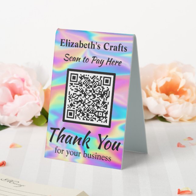 Bezahlung hier QR Code Iridescent Rainbow Hologram Tischaufsteller (In Situ (Hochzeit))