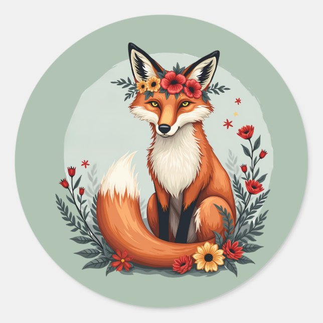 Bezaubernd Blumenfox Holzlandschaft Kunst Runder Aufkleber (Vorderseite)