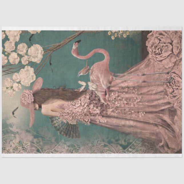 Bezaubernd, elegante Frau, Flamingo und Blumen Seidenpapier (Vorderseite)