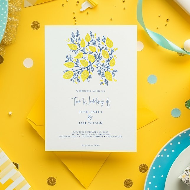 Bezaubernd Lemon Vine Wedding Einladung (Bright yellow and blue delightful lemon branch illustration wedding invitation.)
