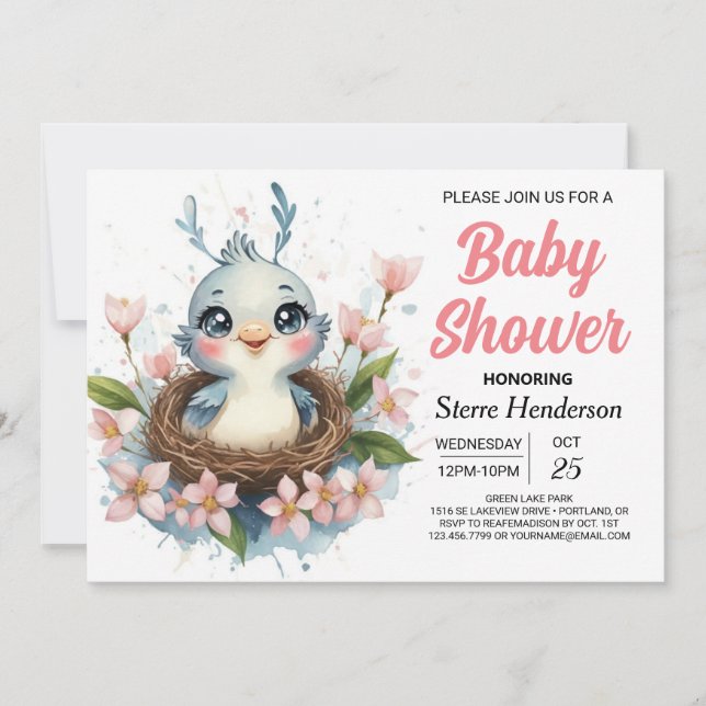 Bezaubernd modern in die Woods Bird Baby Dusche Einladung (Vorderseite)