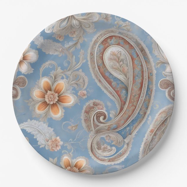 Bezaubernd Paisley Peach and Blue Pappteller (Vorderseite)