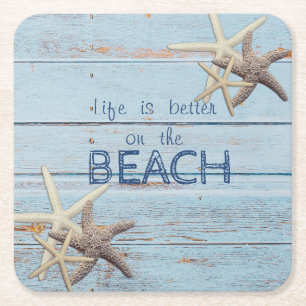 Bezaubernde blaue Holzstruktur, Seesterne Rechteckiger Pappuntersetzer