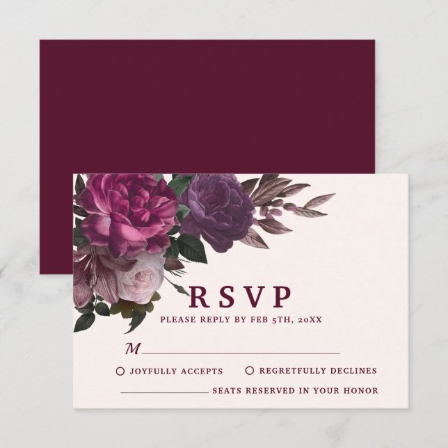 Bezaubernde Burgund & Maroon-Hochzeit RSVP Karte (Vorne/Hinten)