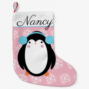 Bezaubernde Chubby-Pinguin mit Schneeflocken Kleiner Weihnachtsstrumpf