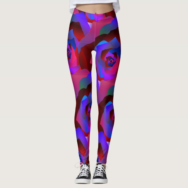 Bezaubernde dunkelrote lila blaue abstrakte Rose Leggings (Vorderseite)