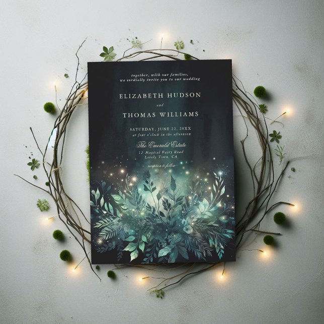 Bezaubernde Forest Foliage Fairy Lights Chic Weddi Einladung (enchanted forest wedding invitation elegant magical fairy garden foliage greenery emerald night boho)