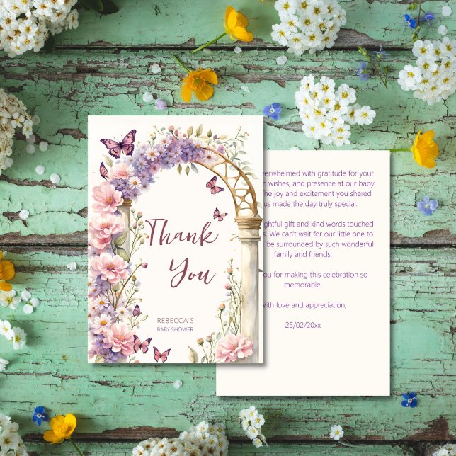 Bezaubernde Gartenpastellschmetterlinge Babydusche Dankeskarte (Enchanted garden pastel butterflies baby shower thank you card vintage floral arch watercolor)