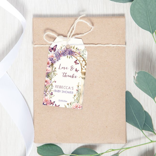 Bezaubernde Gartenschmetterlinge Baby Dusche Gefal Geschenkanhänger (Enchanted garden butterflies baby shower favor gift tags pastel lilac flower garden arch thank you )