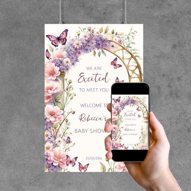 Bezaubernde Gartenschmetterlinge Babydusche Empfan Poster (Enchanted garden arch pastel butterflies baby shower template welcome sign poster digital download)