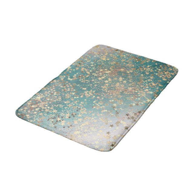 Bezaubernde goldene Sterne auf Aquamariner Glitter Badematte (Schrägansicht)