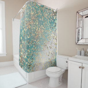 Bezaubernde goldene Sterne auf Aquamariner Glitter Duschvorhang