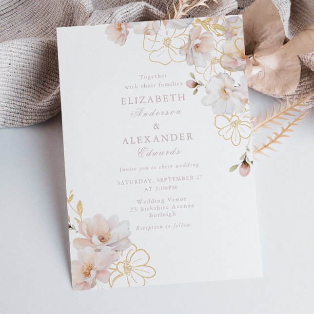 Bezaubernde Hochzeit der Wildblume Blush & Gold Einladung (Von Creator hochgeladen)