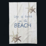 Bezaubernde Holztextur, Starfish, Strand Geschirrtuch<br><div class="desc">Dieses Sommer-Design bietet ein schönes Bild von einem Strand mit Sand,  Meer,  Himmel und eine motivierend Botschaft.</div>