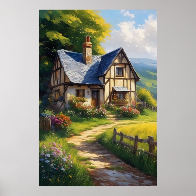Bezaubernde Hütte inmitten wunderschöner Blume Poster (Vorne)