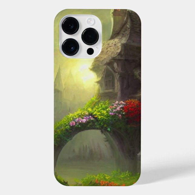 Bezaubernde Hütte mit Blumenbrücke bei Twilight iPhone 14 Pro Max Hülle (Rückseite)