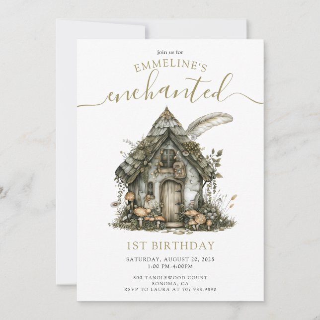 Bezaubernde Hütte Wald 1. Geburtstag Einladung (Vorderseite)