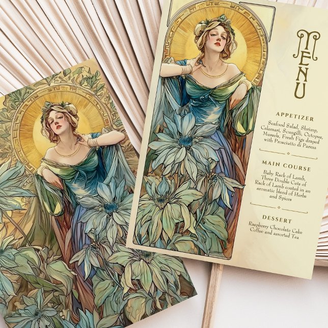 Bezaubernde Jugendstil-Speisekarte Hochzeit Sunlit Einladung (Von Creator hochgeladen)