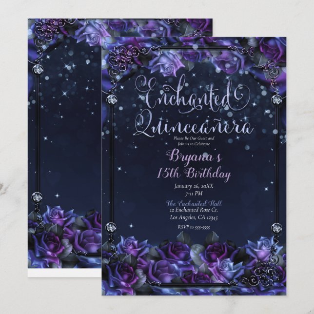 Bezaubernde Lila Fantasy Rose Garden Quinceañera Einladung (Vorne/Hinten)