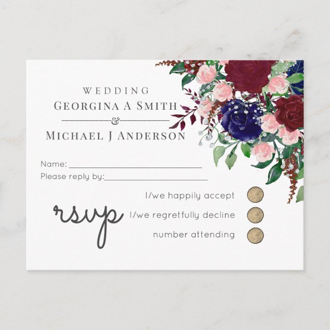 Bezaubernde Marsala Navy Blue Pink Wedding Einladungspostkarte (Vorderseite)