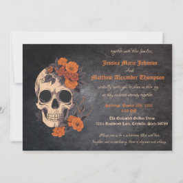Bezaubernde Orange Bouquet auf Cream Skull Hochzei Einladung