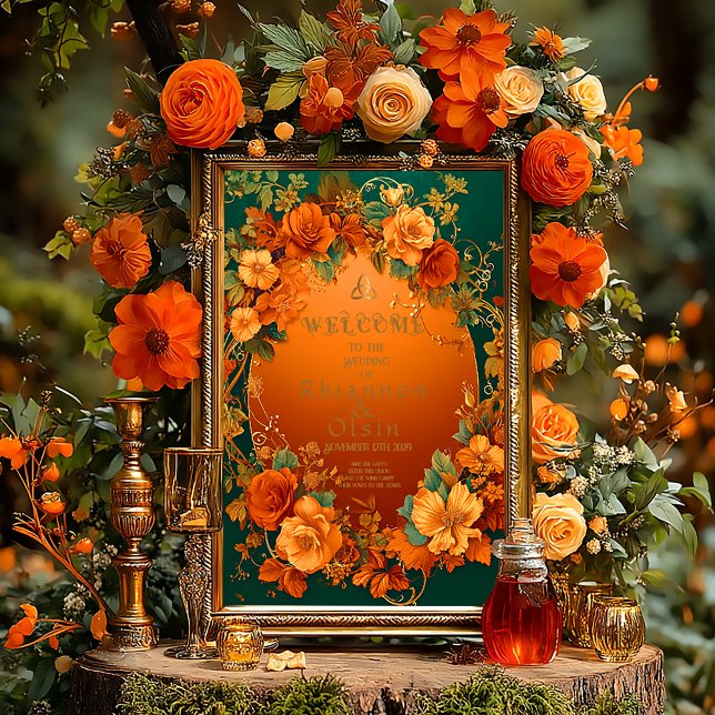 Bezaubernde Orange- und Grüne Herbstdüsterhochzeit Poster (Druid Hills Autumn Wedding Floral Glossy Welcome Poster )