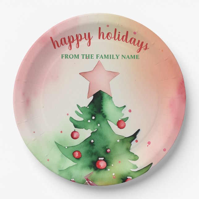 Bezaubernde Pine Tree & Red Ornament Urlaub Pappteller (Vorderseite)