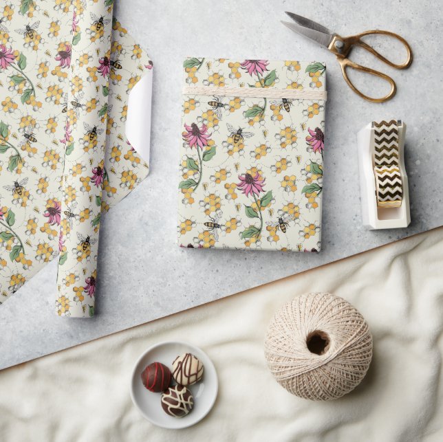 Bezaubernde Queen Bee, Honeycomb & Exotic Blume Geschenkpapier (Kunsthandwerk)