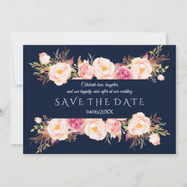 Bezaubernde rosa Blumenrahmen Navy Blue Wedding Save The Date