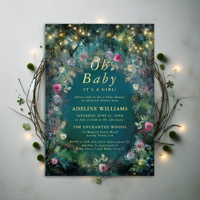 Bezaubernde Rose Fairy Woodland Babydusche Einladung (enchanted forest baby shower greenery arch foliage roses magical garden fairy woodland lights)