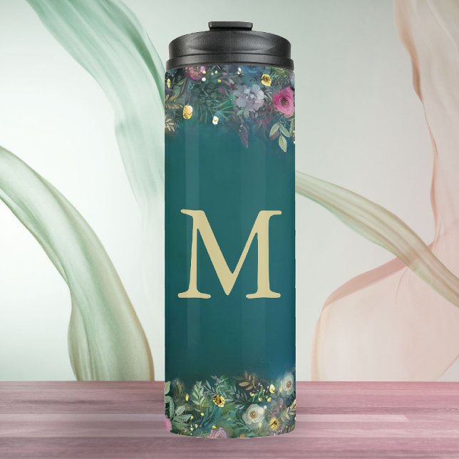 Bezaubernde Rose Grüne Fairy Woodland Chic Thermosbecher (enchanted forest water bottle monogram wild roses wildflower floral emerald gold woodland fairy )
