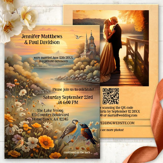 Bezaubernde Vogelwelt am See Hochzeitsempfang Einladung (Wedding reception invitation showing a painting of an enchanted lake with love birds at sunset)